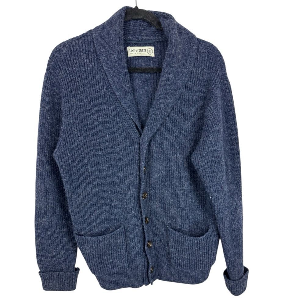 Line of Trade Sweater Mens M Shetland Wool Shawl Collar Cardigan Fisherman Navy